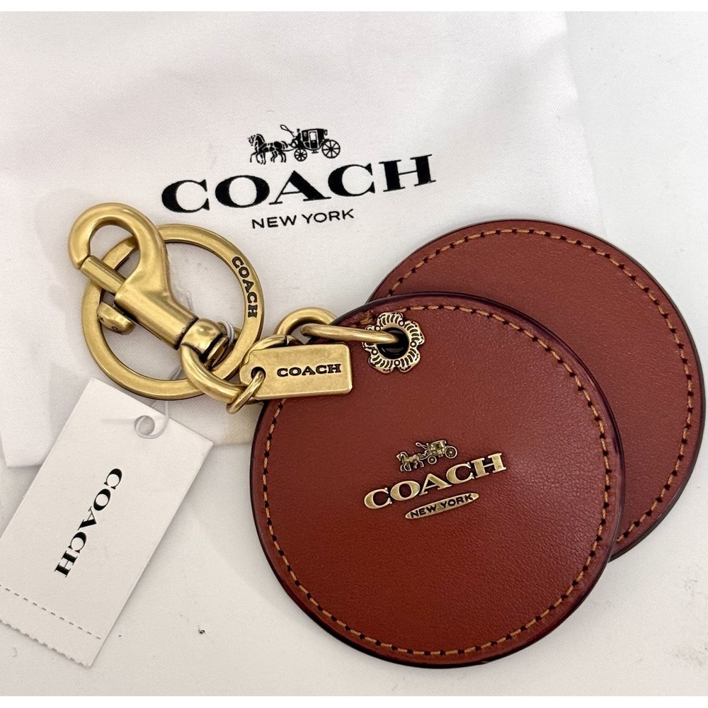 NWT COACH Round Mirror Bag Charm In Rust Signature Canvas With Mini Dust‎ Bag